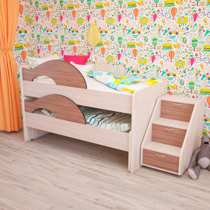 Кровать двухъярусная выкатная Матрешка 800х1600 с лестницей Ясень шимо светлый/темный