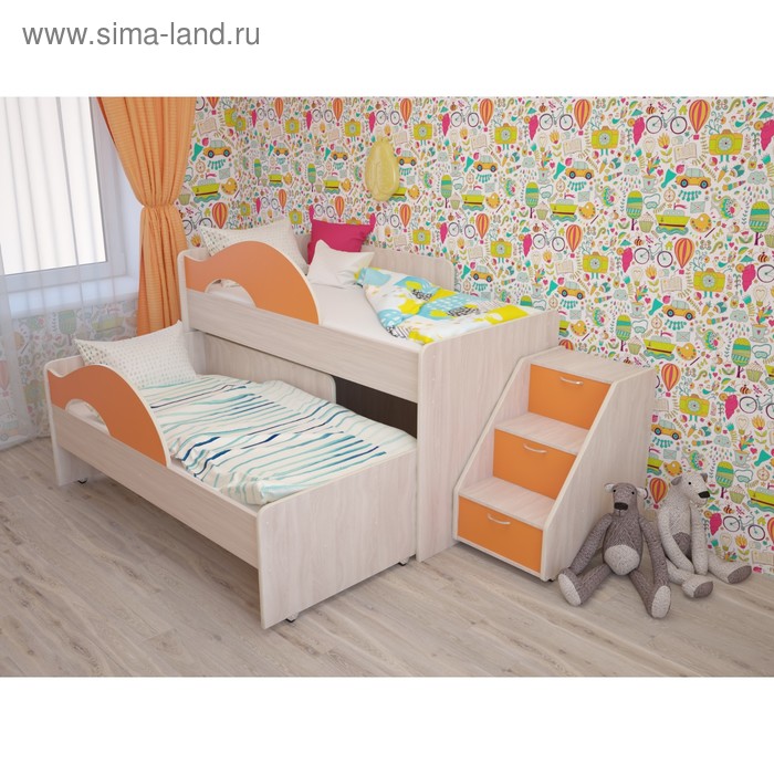 Кровать двухъярусная выкатная Матрешка 800х1600 с лестницей Оранж/млечный дуб