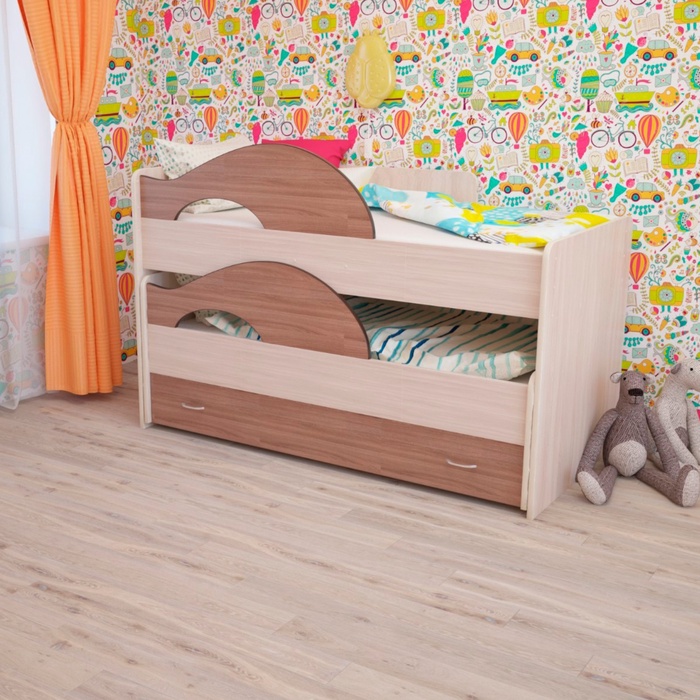 Кровать двухъярусная выкатная Матрешка 800х1600 с ящиком Ясень шимо светлый/темный