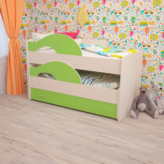 Кровать двухъярусная выкатная Матрешка 800х1600 с ящиком Зеленый/млечный дуб