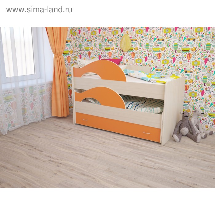 Кровать двухъярусная выкатная Матрешка 800х1600 с ящиком Оранж/млечный дуб